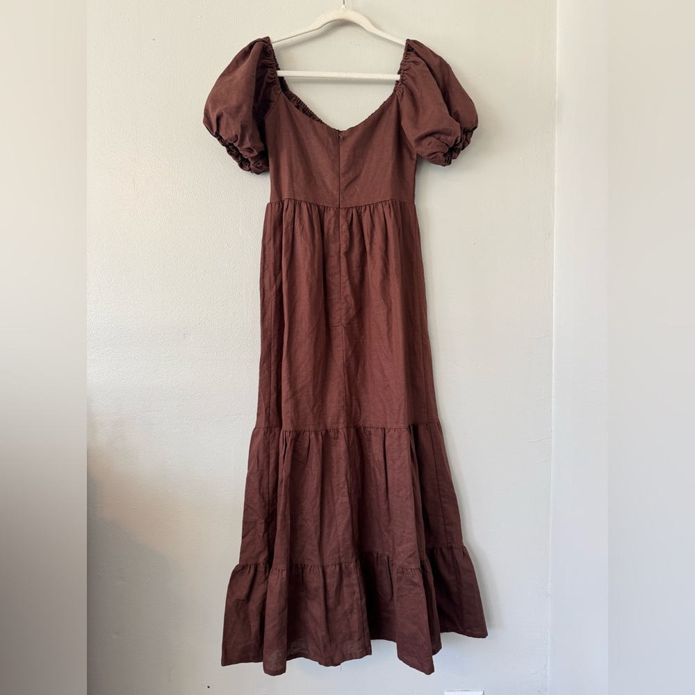 Peppermayo Brown Peasant Puff Sleeve Linen Blend Tiered Maxi Dress - Picture 6 of 10